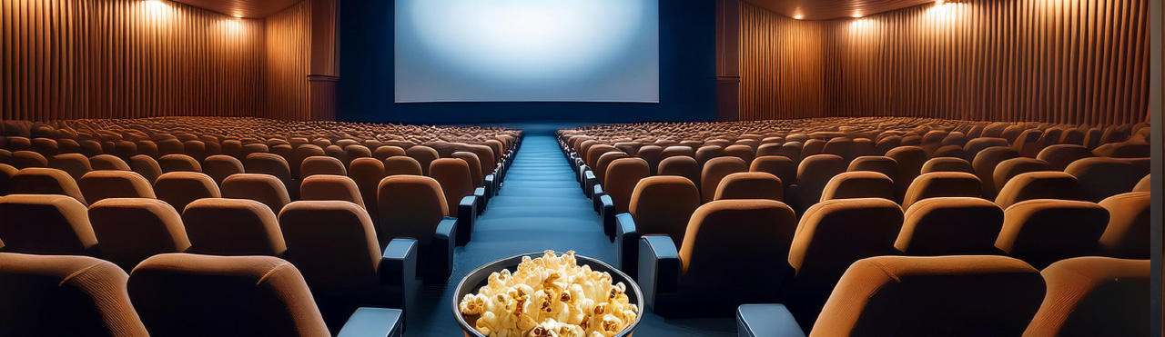 een lege bioscoopzaal met op de voorgrond een bak popcorn