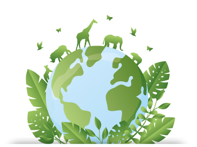 illustratie van de wereld waarop verschillende dieren lopen en omringd door planten